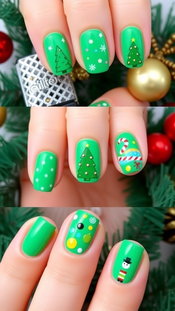 Cute Christmas nail art for kids with green polish, featuring trees and snowflakes.